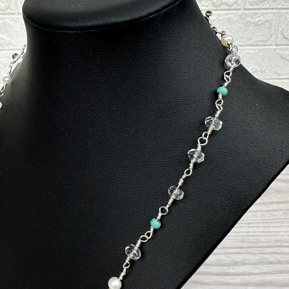 Handcrafted Necklace w/ Clear Quarts Crystal Amazonite Beads Pearl Toggle Clasp - Picture 4 of 6